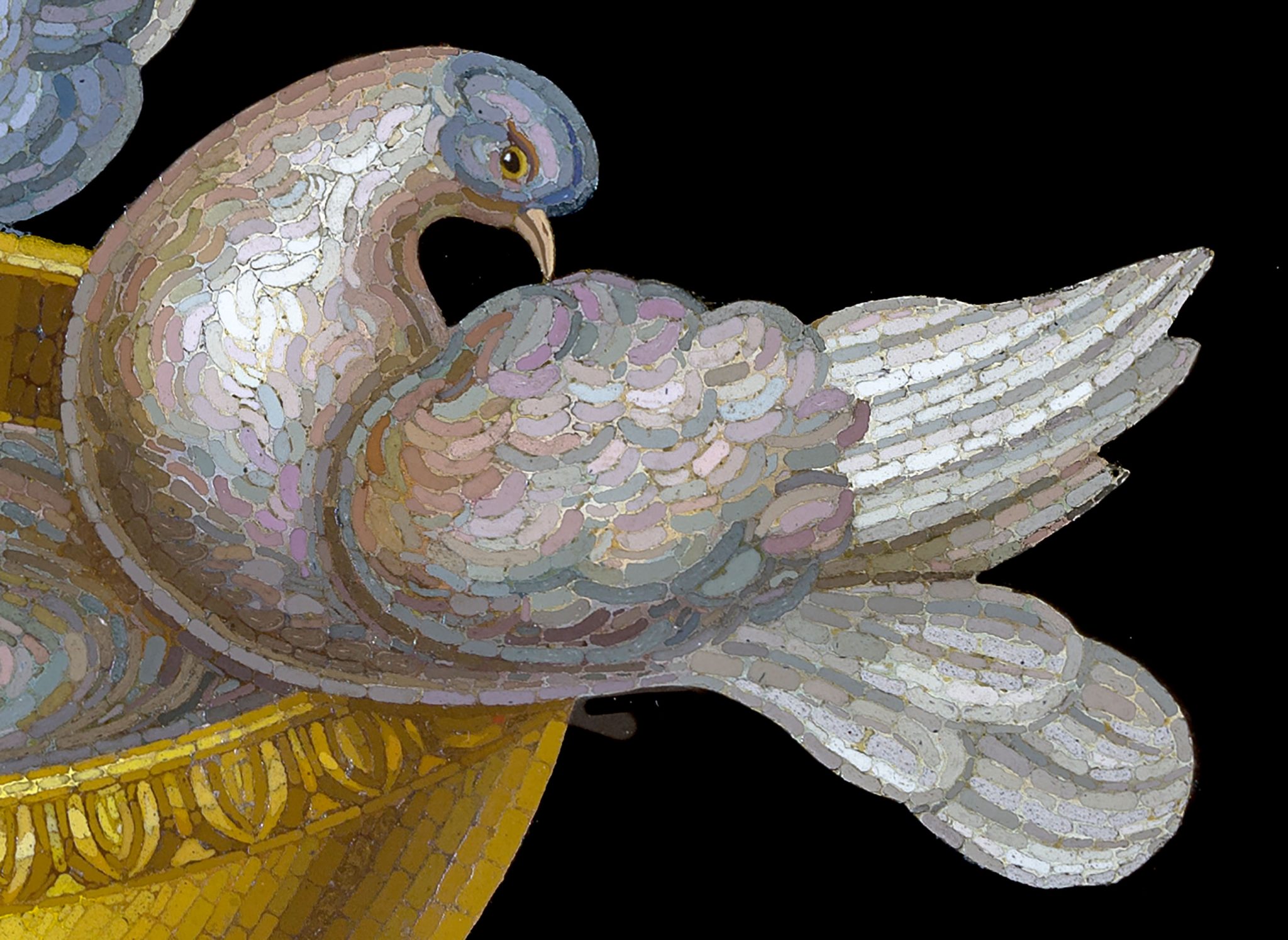 Close view of glass tesserae forming feathers and water in a Roman micromosaic