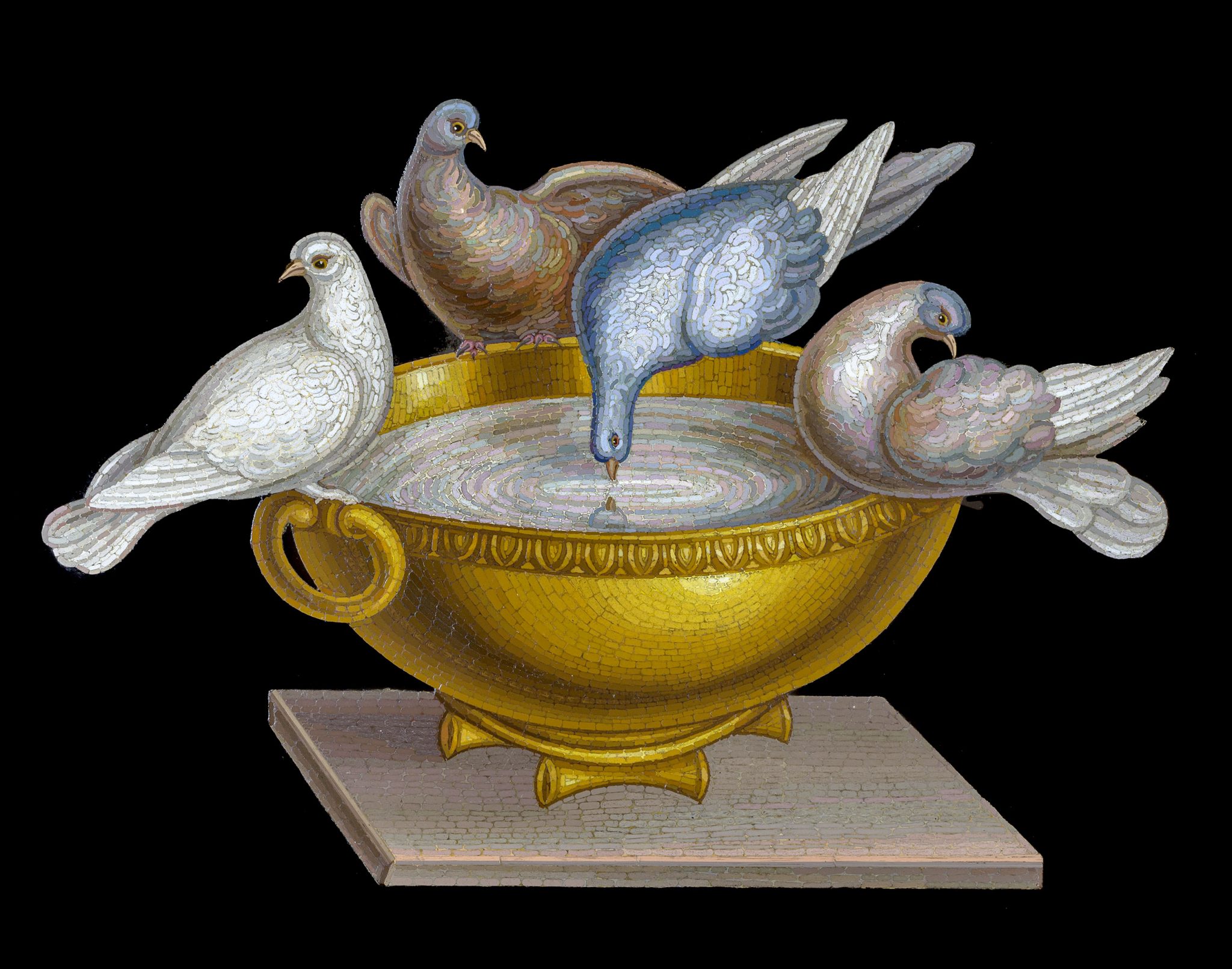 Micromosaic panel depicting doves around a drinking bowl