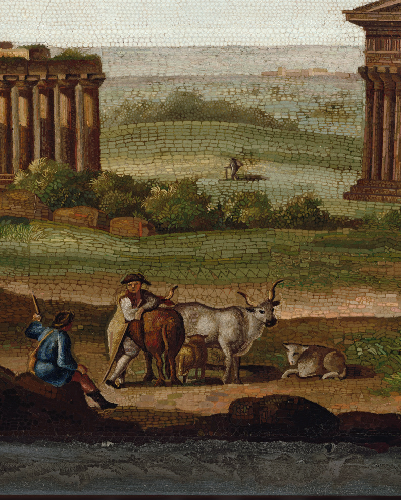 Detail of the Paestum micromosaic with figures and pack animals among the ancient ruins