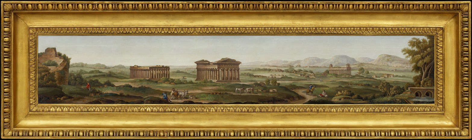 Wide framed micromosaic Caminiera con Veduta dei Templi di Paestum, showing the temples and archaeological landscape of Paestum