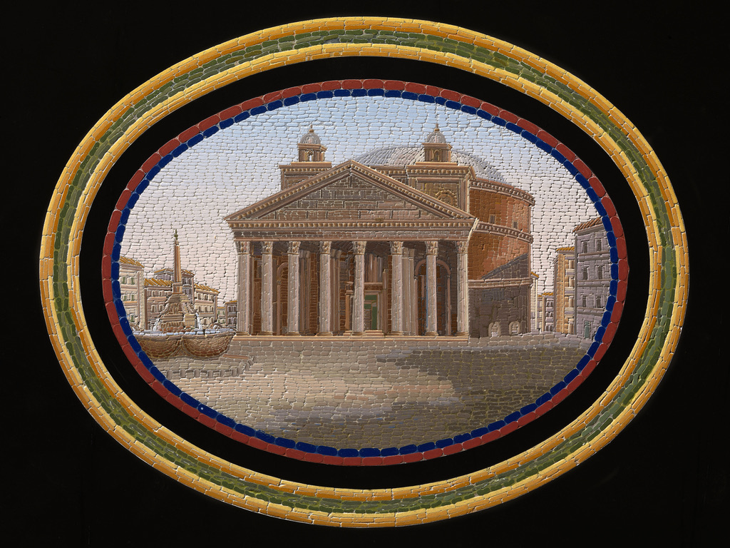 Detail from the Roccheggiani table top showing architecture rendered in minute glass tesserae