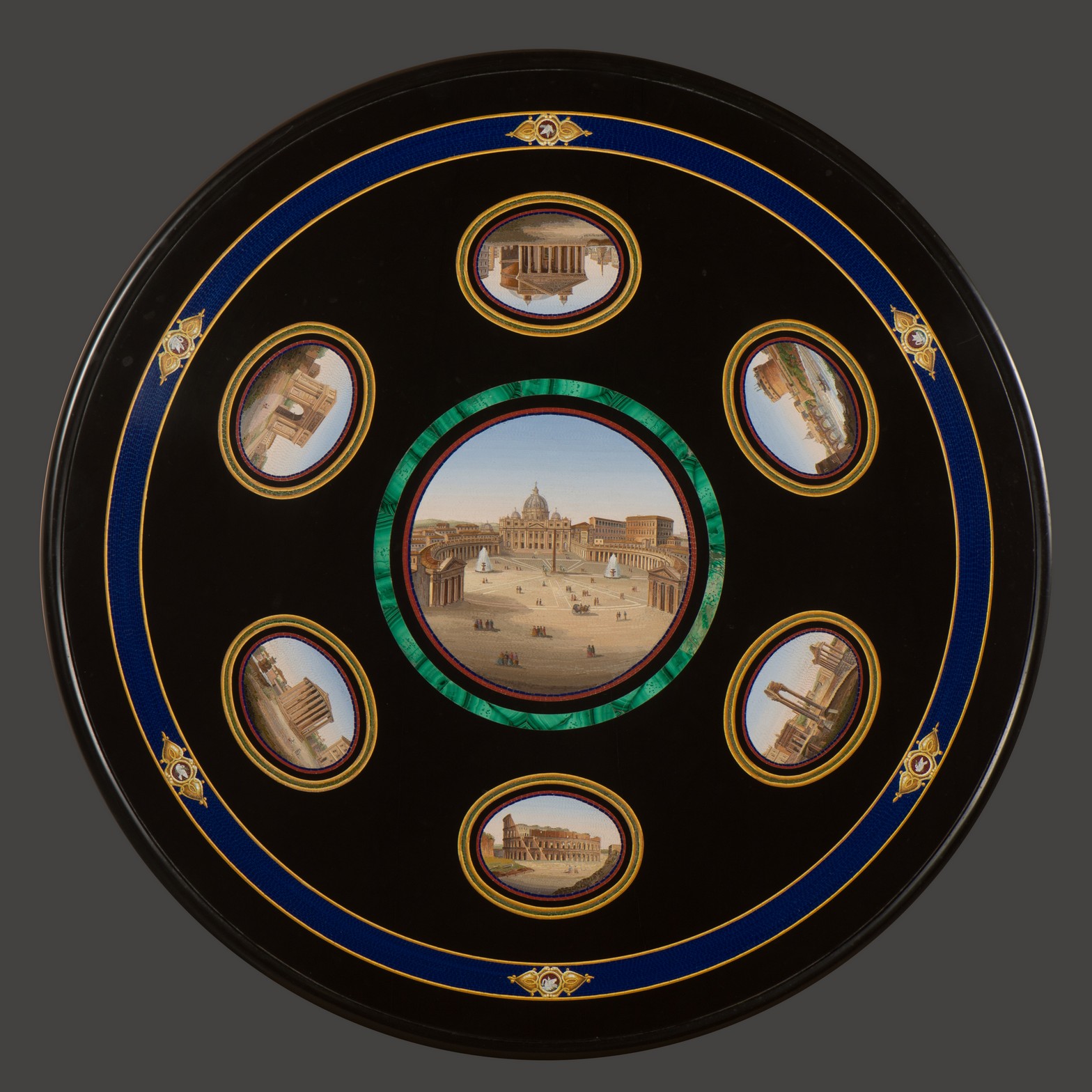 Complete circular micromosaic table top by Cesare Roccheggiani with multiple architectural views