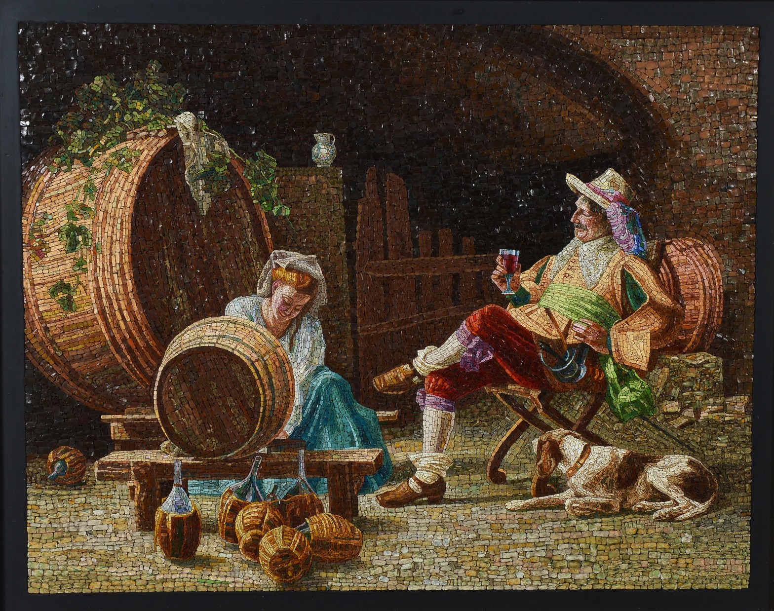 Large rectangular micromosaic Interno di Cantina with figures, wine casks and a dog in a vaulted cellar