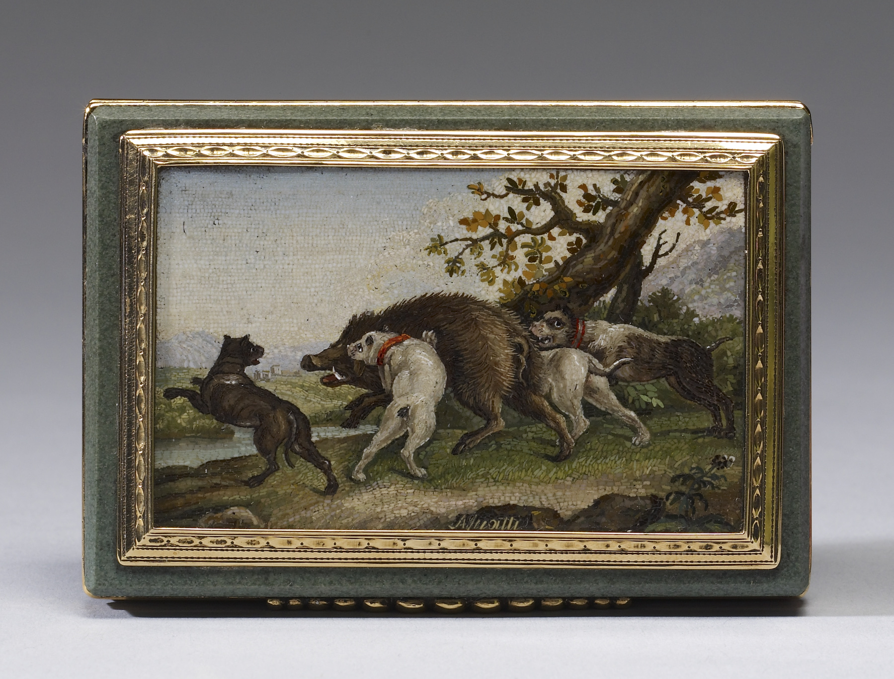 Italian micromosaic box lid showing riders and dogs hunting a wild boar in a spring landscape